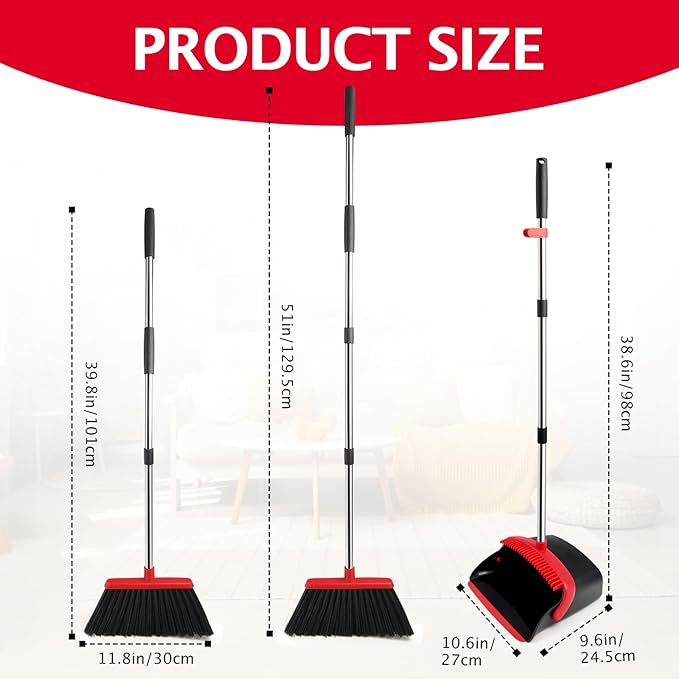 Broom and Dustpan Set with Long Handle, Heavy Dust Broom and Dustpan Combo for Home，Kitchen, Office, Pet Hair (Black Red)