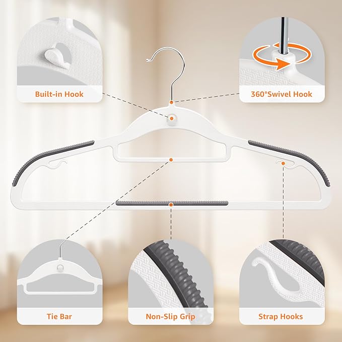 Yolife Cascading Plastic Clothes Hangers 20 Pack with Inner Hook for Vertical Storage, Slim Space Saving Hangers with Non-Slip Pads, 360° Swivel Metal Hook, Versatile, White & Gray