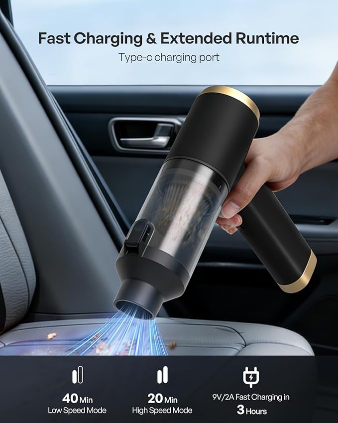 Handheld Car Vacuum Cordless, 140W, 19000Pa Powerful Suction, Max 40 Mins Runtime, Brushless Motor, Rechargeable 7800mAh Battery, One-Touch Dust Disposal, Portable Vacuum for Car, Home, Office, Pets