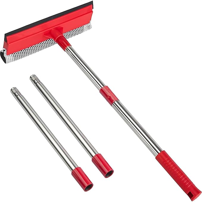 15.9" Window Squeegee for Home and Car Cleaning,2 in 1 Window Cleaner with Long Stainless Steel Handle,Sponge Car Squeegee for Gas Station, Glass,Shower,Outdoor High Window Cleaning