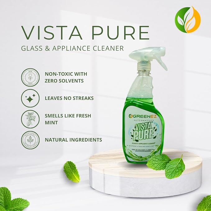 Vista Pure Glass & Appliance Natural Cleaner Spray 3 Pack | Streak-Free Window, Mirror & Surface Cleaner | Ammonia, Solvent & Toxin Free Biodegradable Formula | Mint Scented - 23oz