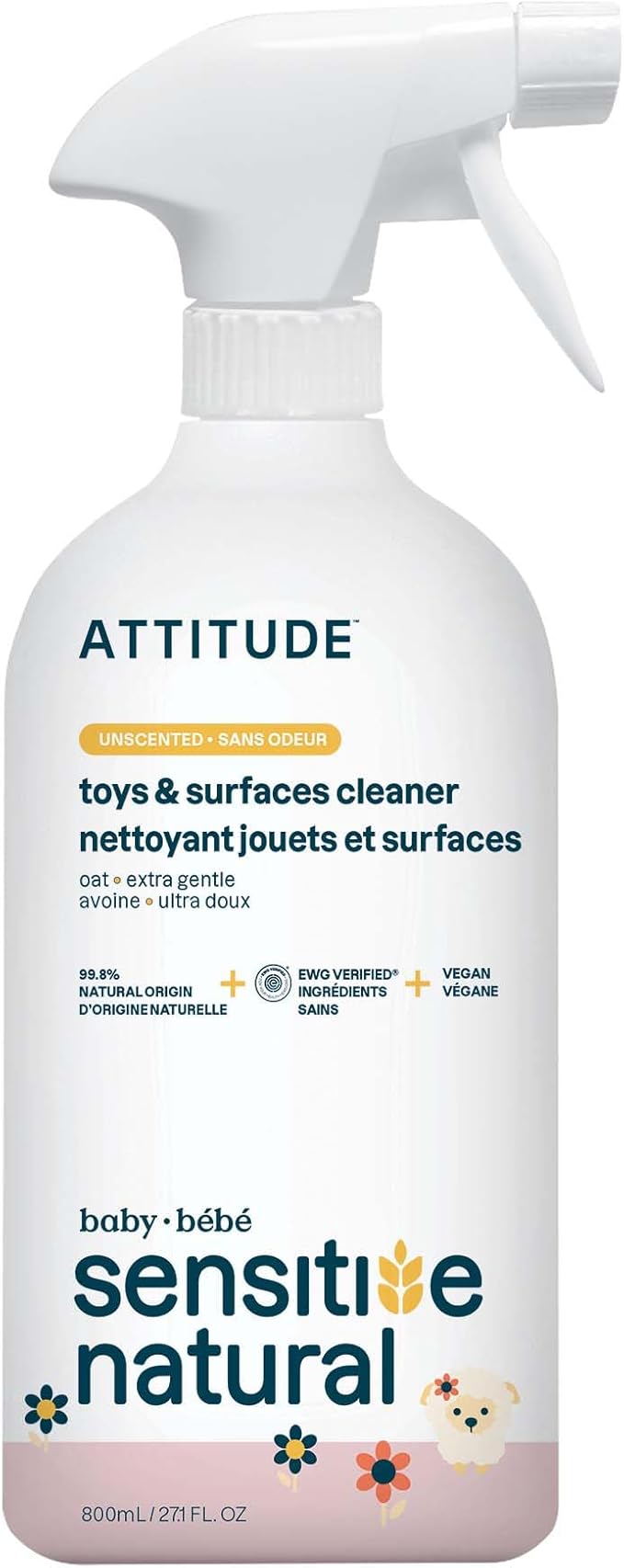 ATTITUDE Baby & Kids Toy Cleaner Spray for Sensitive Skin, EWG Verified, Multi-Surface Cleaner for Toys, High Chairs & Play Areas, Naturally Derived, Vegan, Unscented, 27.1 Fl Oz