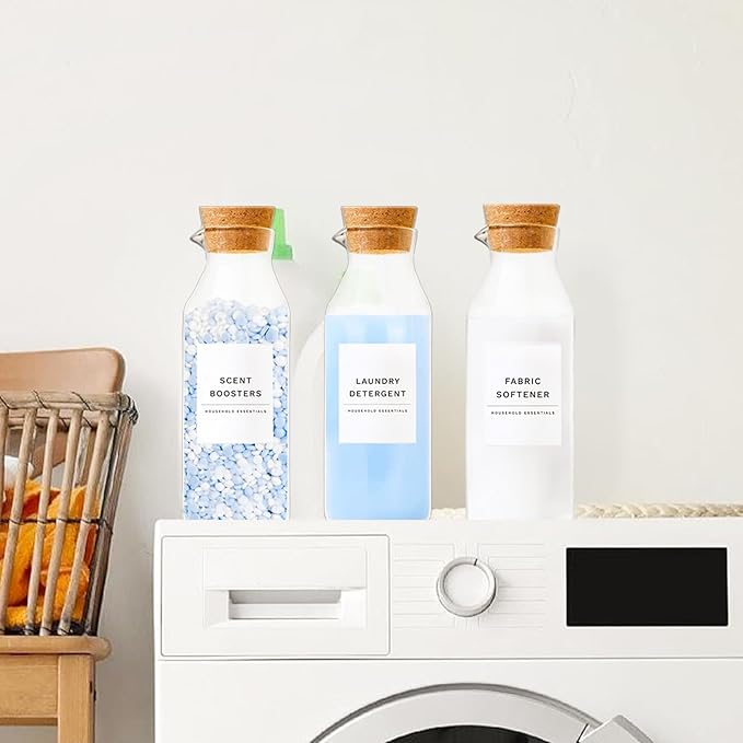 Glass Laundry Detergent Dispenser Set with Cork Lids, Fabric Softener Dispenser, Easy Pour 3 Pack Laundry Bottles, Liquid Detergent Containers, Scent Booster & Bleach Container for Laundry Room