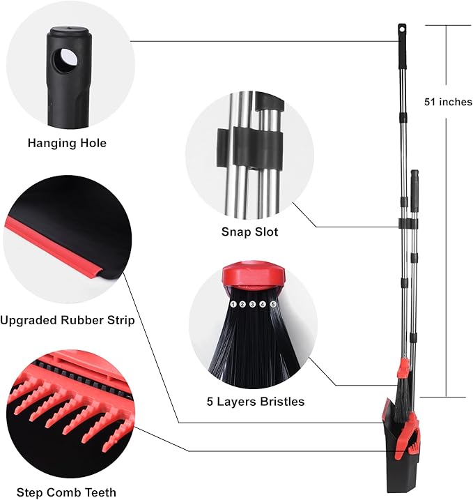Upgrade Broom and Dustpan Set, 51'' Sturdy Long Handle, Large Upright Stand Up Broom and Dustpan, ZeroGap Lip, Self-Cleaning Dustpan Teeth for Lobby Kitchen Office Floor - Black and Red