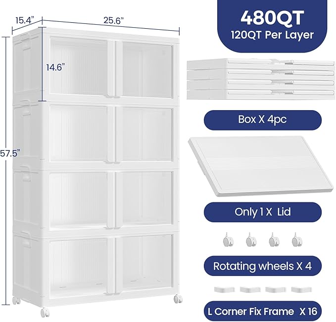 480Qt Stackable Storage Bins with Lid and Wheels, 120Gal Plastic Closet Organizer and Storage Drawer, Large Collapsible Storage Box Cabinet with Clear Door for Home Kitchen Office, 4Pack White