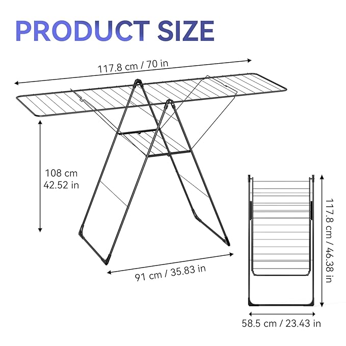 APEXCHASER Clothes Drying Rack, Foldable Oversized Drying Rack Clothing with L-Shaped Foot Cover, Height-Adjustable, Multi-Bar Laundry Rack, Indoor Outdoor Use, 20.4" D x 70" W x 42.52" H, Jet Black