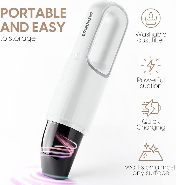 Starument Handheld Vacuum Cleaner - Cordless Vacuum Cleaner for Cleaning Dust, Dirt, Pet Hair Suction - Compact, Rechargeable & Wireless Device for Home, Office, Car - USB-C Cable (White)