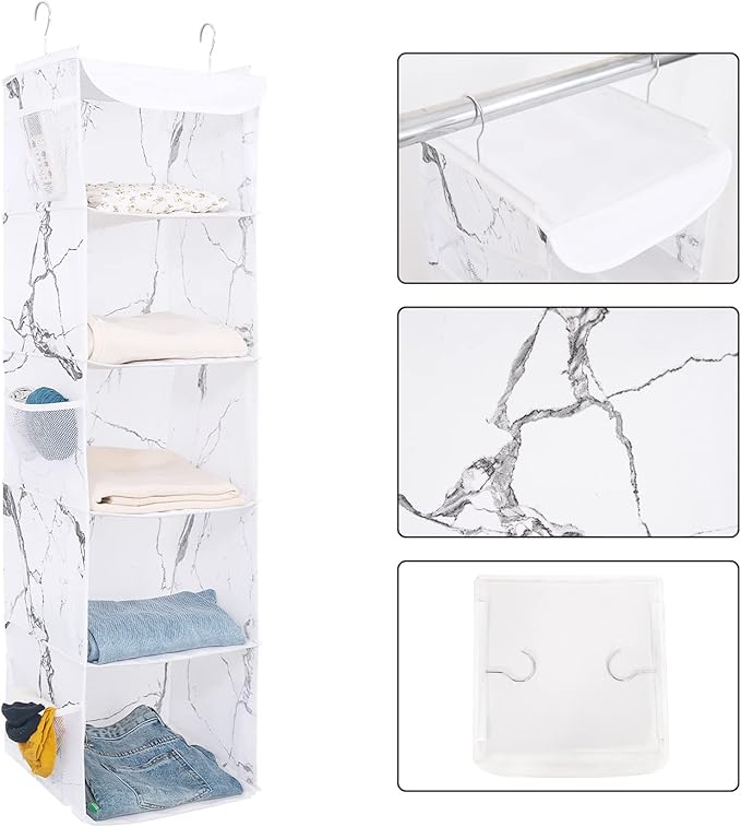 BrilliantJo 5 Shelves Hanging Closet Organizer, 2 Pack Hanging Storage with 6 Side Pockets for Clothes Shoes, 43"x12"x12"(Marblizing)