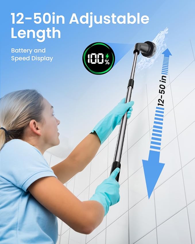 Leebein Electric Spin Scrubber, Cordless Cleaning Brush for Bathroom Shower Tub, IPX7 Waterproof Power Scrubber with 7 Brush Heads, Extendable Long Handle and 2 Speeds Scrubber for Bathtub Floor
