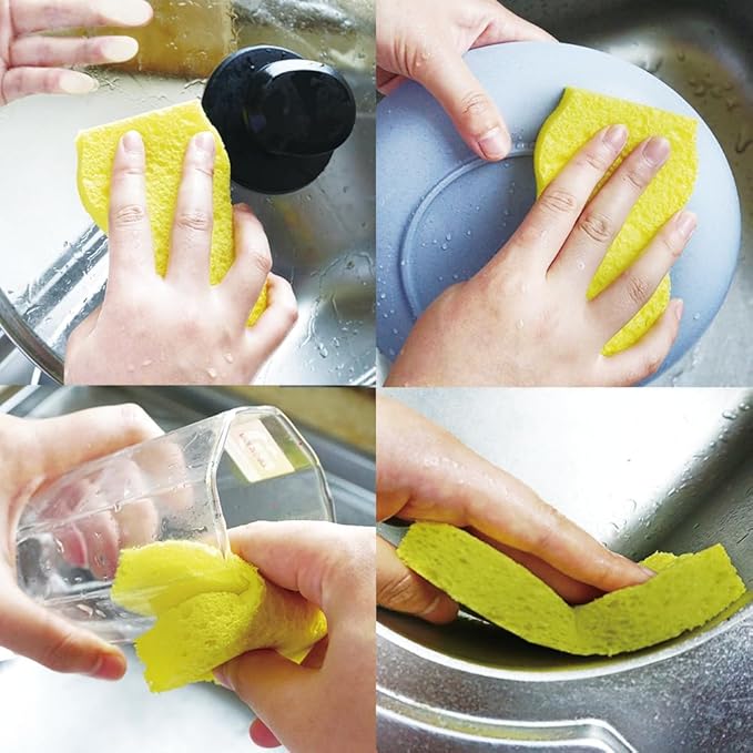 Cellulose Sponges Kitchen, for Washing Dishes, in Bulk, 24 Pack (3 Count x 8 Individually Wrapped + 2 Free Scouring Pads), 100% Natural Biodegradable