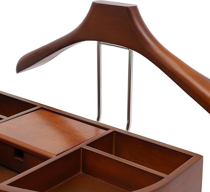 Valet Stand with Drawer and Top Tray, Wood Mens Suit Valet Stand with Wood Base, Freestanding Clothes Valet Stand with Hanger, Storage Organizer for Entryway Office Living Room (C, Walnut Color)