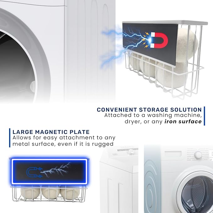 Magnetic Dryer Ball Holder Plus 6 XL Wool Dryer Balls from New Zealand Wool- Laundry Dryer Balls Storage Containers: Easy Install Without Tools, Magnetic Basket for Dryer Balls