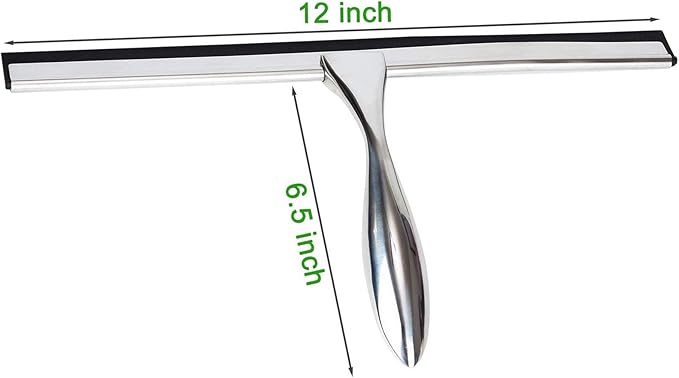 12 Inch Squeegee for Shower, Shower Squeegee with Suction Cup Hooks, for Glass Door Marble Mirror Bathroom, Chrome Plated Stainless Steel Deluxe Car Window Home Kitchen Tile Scraper