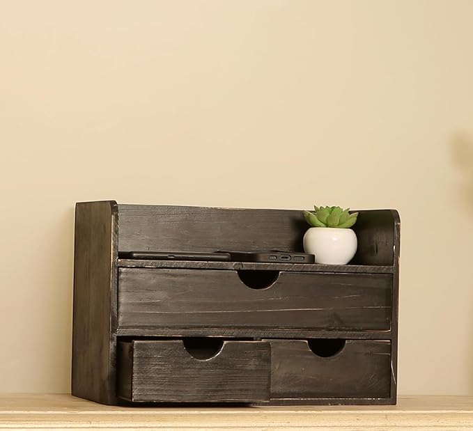 Vintage Rustic Wooden 3 Drawer with Shelf Office Desk Organizer & Mail Rack For Desktop,makeup holder Box for Office Home Toiletries Supplies Vanity, No Assembly Required (Rustic Black)
