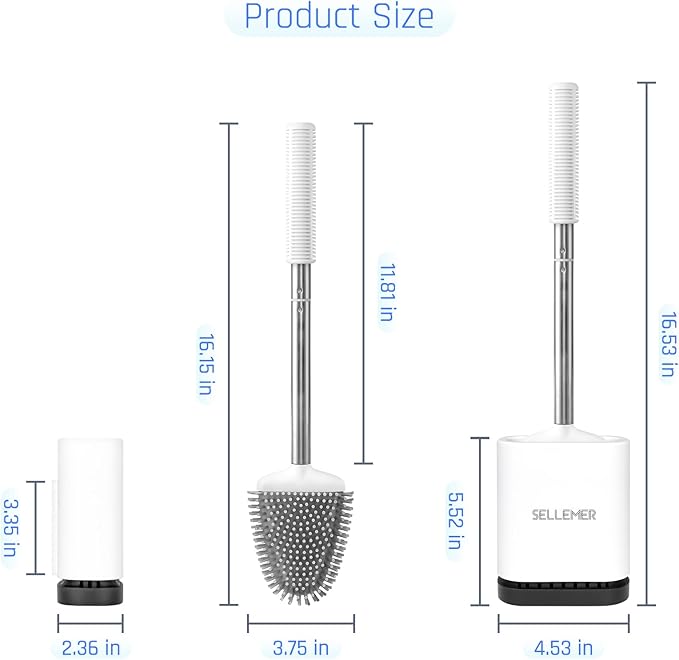 Sellemer Toilet Brush and Holder Set for Bathroom, Flexible Toilet Bowl Brush Head with Silicone Bristles, Compact Size for Storage and Organization, Ventilation Slots Base (1 Pack, White)