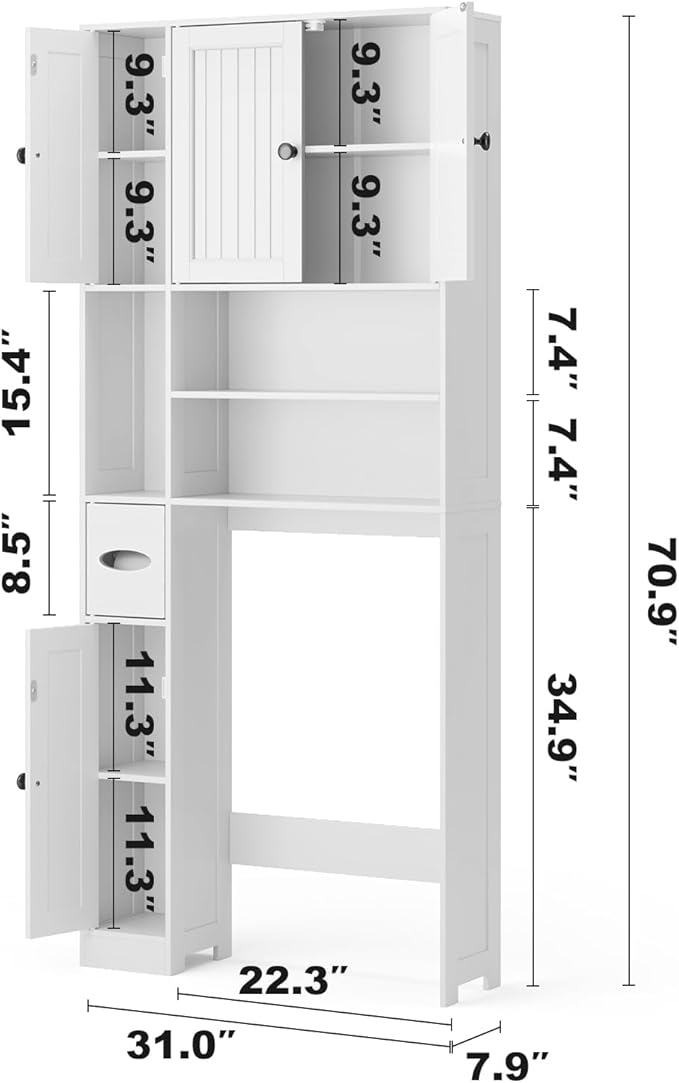 Ahomly Over The Toilet Storage Cabinet, Over Toilet Bathroom Organizer with Adjustable Shelves and Five Doors, Above Toilet Storage Cabinet for Bathroom, Restroom, Laundry, White
