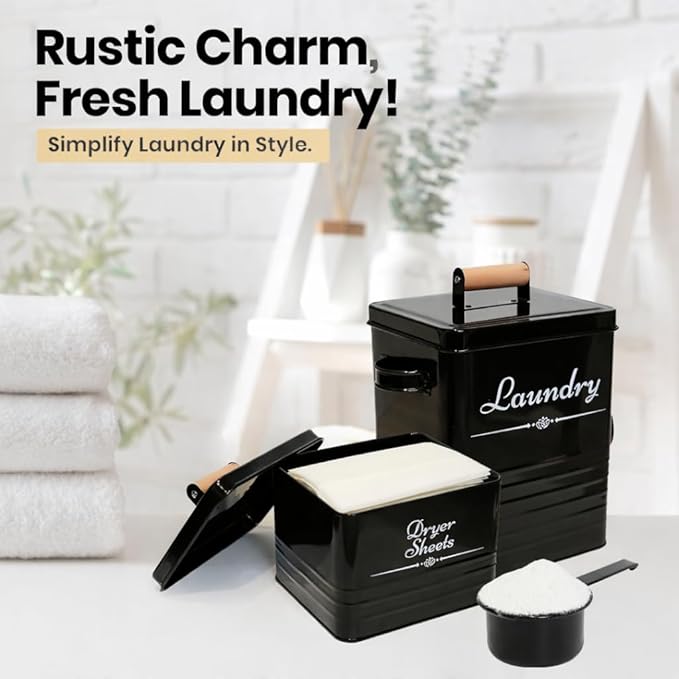 Farmhouse Metal Detergent Pod Container with Dryer Sheet Holder for Laundry Room Organization and Storage - Holds Over 200 Pods and 300 Sheets