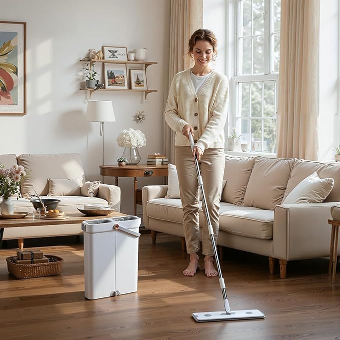Spreezy Mop and Bucket Set, Hands-Free Flat Mop System with Wringer, Wet and Dry Using, Separate Wash & Wring Zone, Household, 4 Reusable Microfiber Pads for Floor Cleaning, Fits into Narrow Spaces