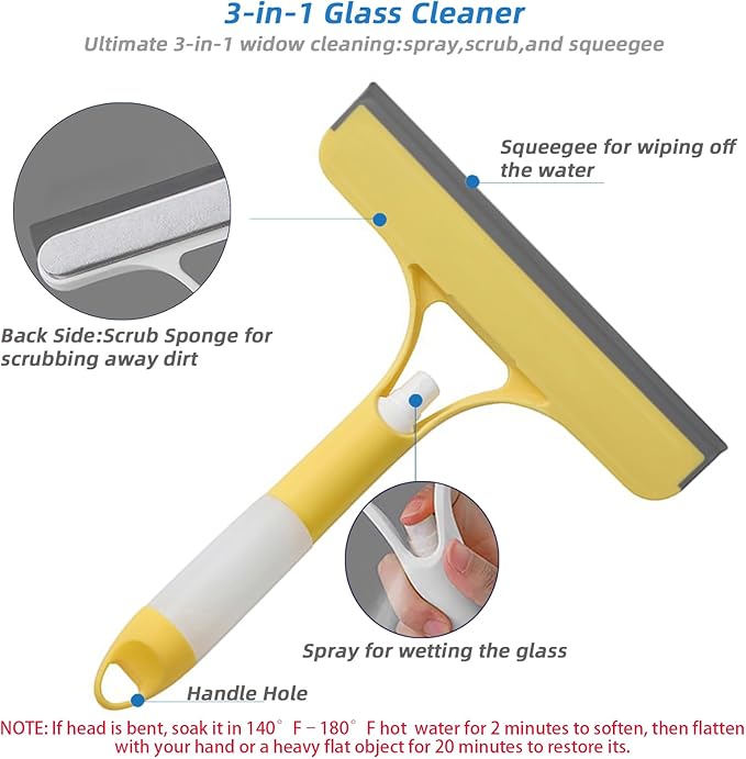 3 in 1 Window Squeegee, Cleaning Scraper with Scrubber Sponge Sprayer Clean Kit for Glass, Tile Walls, Shower Door, Car, Bathroom (Yellow)