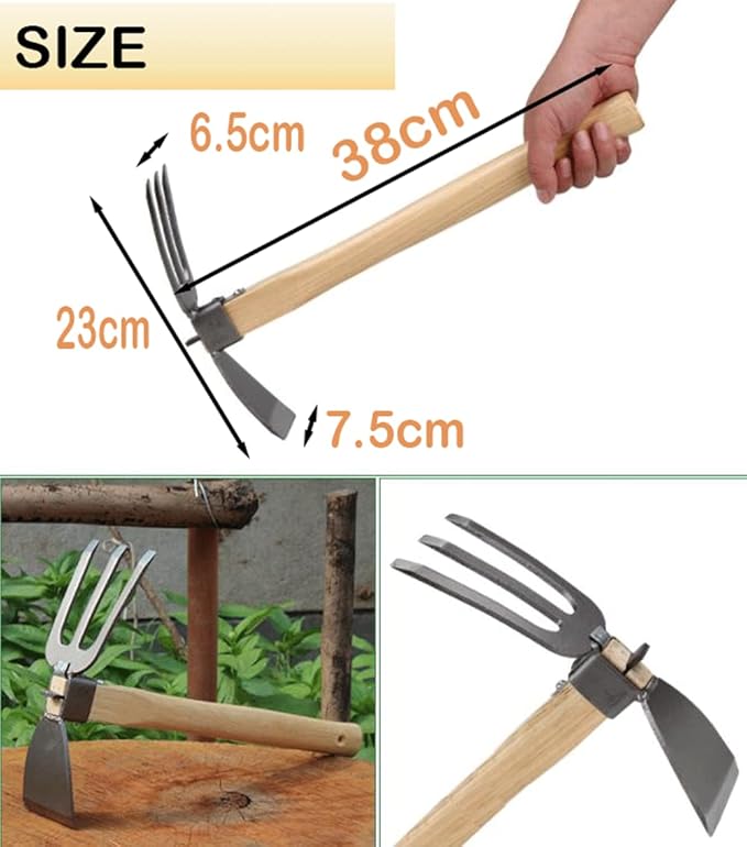 Garden Hoe,Garden Tools Digging Hoe and Rake, Hand Hoe with Wooden Handle for Loosening Soil and Weeding