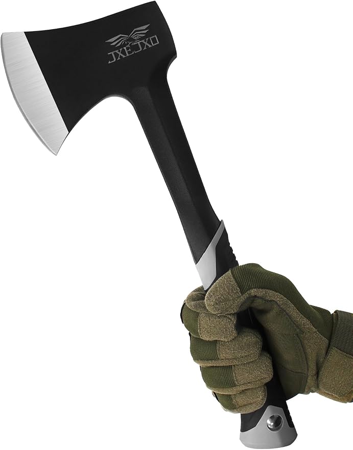 JXE JXO Camping Axe & Hatchets - 14.4" Chopping Axe with Sheath, Forged Steel Construction & Ergonomic Shock-Absorbing Grip (Grey