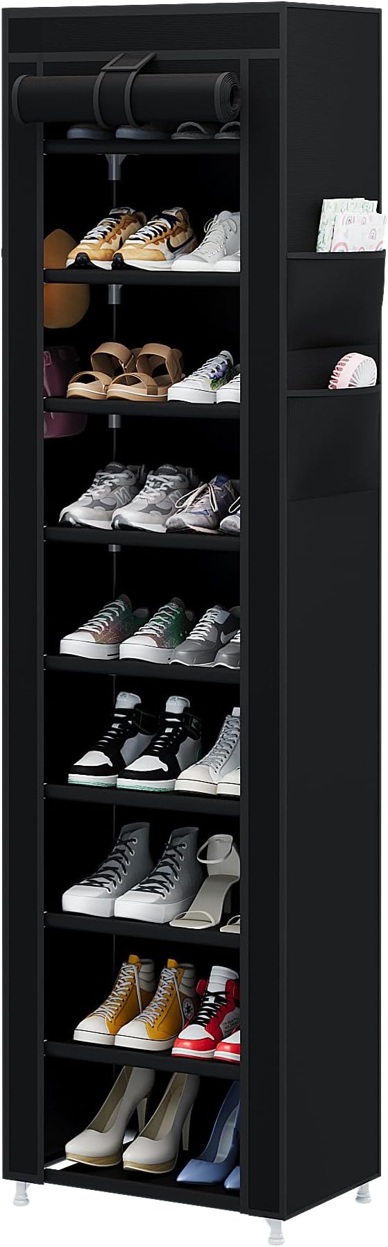 Calmootey 9 Tier Shoe Rack Organizer,Portable Shoe Shelf with Nonwoven Fabric Cover for Closet Hallway,Bedroom,Entryway,17.72x11.81x62.99inches,Black
