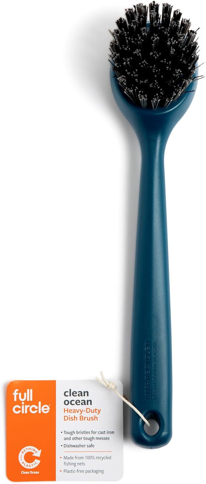 Full Circle Clean Ocean, Heavy Duty Dish Brush, Tough Bristles and Built-in Scraper, Perfect for Cast Iron, Sustainably Made 100% From Recycled Ghost Fishing Nets