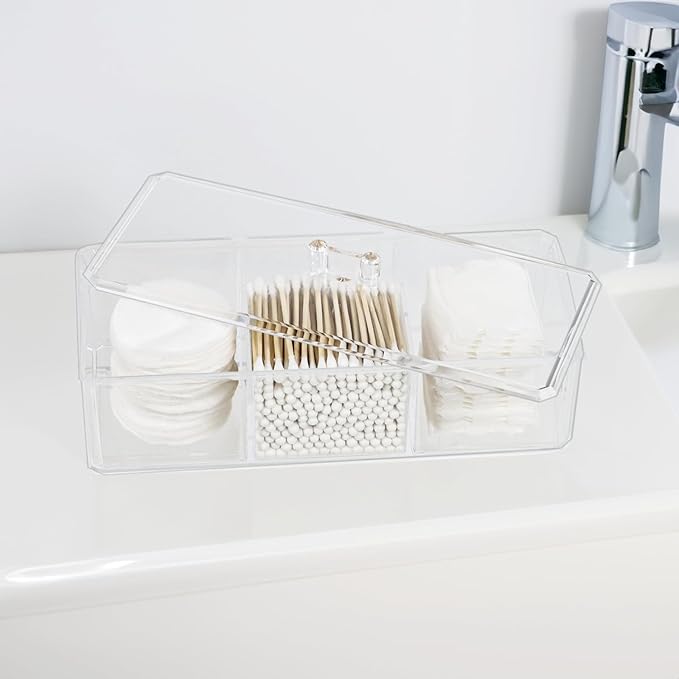 ZEXALOR Clear Bathroom Dresser Organizer - Cotton Ball Swab Holder with 3 Divided Compartments&Lid, , Waterproof Transparent Small Plastic Storage Containers, Vanity Makeup Organization