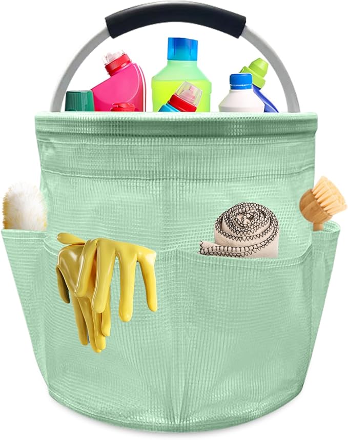 Qivine 17L Cleaning Caddy with Handle, Cleaning Supply Caddy, Foldable Tool Bag Cleaning Products Organizer, Portable Cleaning Bucket Caddy for Cleaning Supplies (Clear Green)