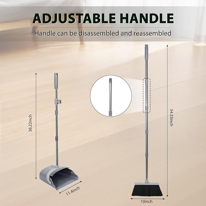 YZO Broom with Dustpan Combo Set, 54.33 Inch Long Handle Standing Design, Dustpan Front Rubber Tight Seal, Broom with 5 Layer Bristles, Suitable for Bedroom, Yard, Office and Apartment(Gray&Black)