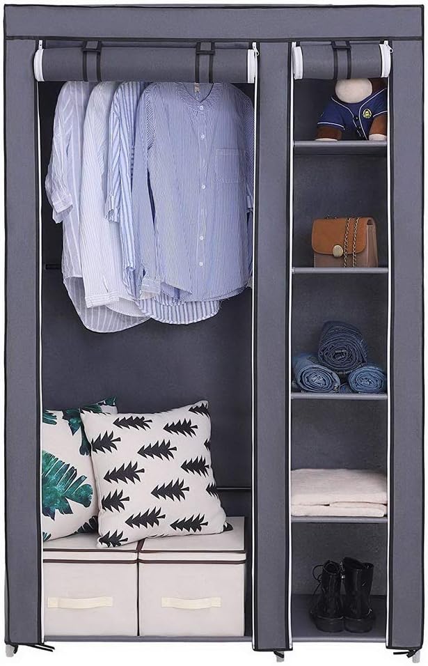 Portable Closet Wardrobe,67'' Closet Storage Organizer Rack with Shelves and Cover for Hanging Clothes, Non-Woven Fabric, Quick and Easy to Assembly (Gray)