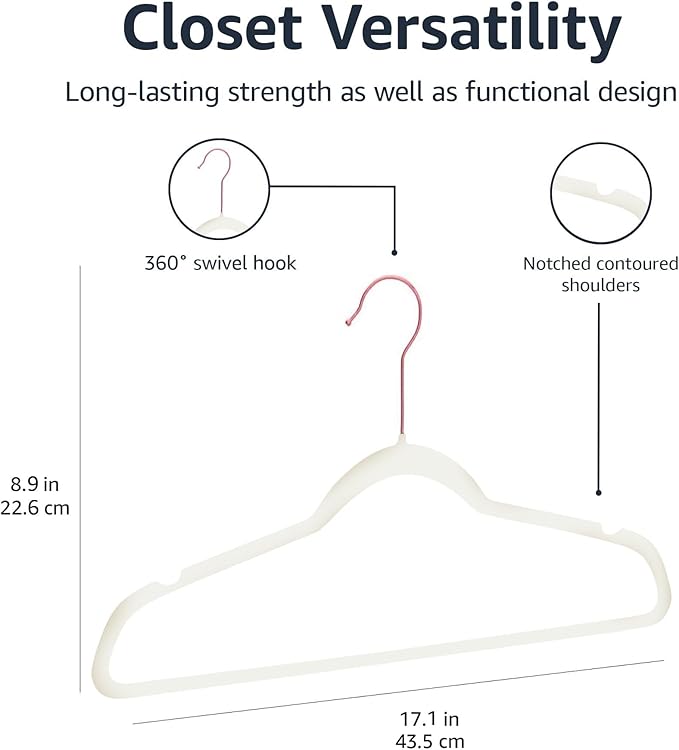 Amazon Basics Slim Velvet Non-Slip Space Saving Suit Clothes Hangers, Closet Organizer, Sturdy Construction, Ivory/Rose Gold, 50-Pack