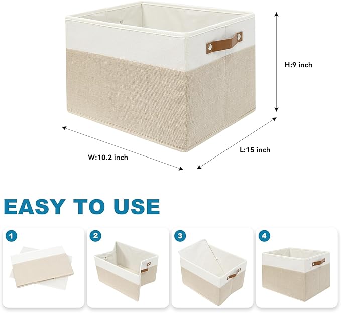 4 Pack Fabric Storage Baskets for Shelves, Closet Storage Bins for Shelves, Fabric Baskets for Organizing with Handles for Home and Office (White with Beige,15"L*10.2"W*9"H)