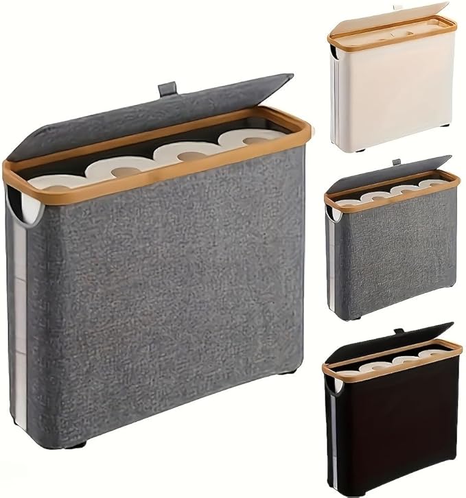Toilet Paper Storage Basket with Lid for 12 Rolls, Waterproof Oxford Cloth with Bamboo Frame, Free Standing Toilet Paper Holder, Collapsible Bathroom Organizer Bin, Beige (Black)