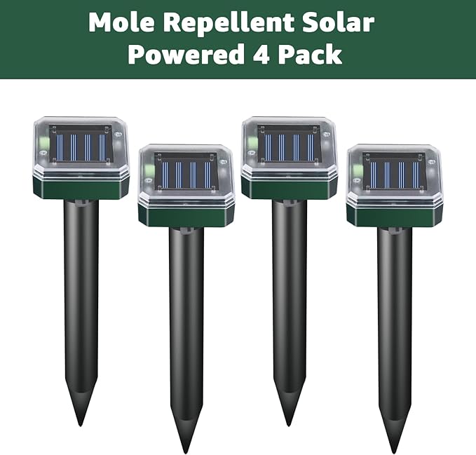 Solar Powered Mole Repellent, 4 Pack Ultrasonic Gopher Vole Deterrent Outdoor - Waterproof Sonic Spikes for Lawn, Garden & Yard - Repels Rats Squirrels Skunks Chipmunks Groundhogs Snakes & Rodents