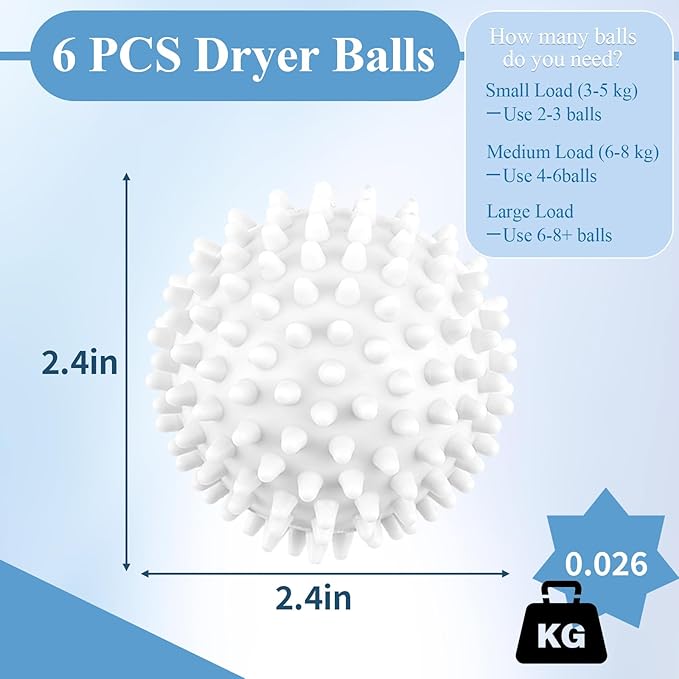 6 Pack Laundry Balls for Dryer, Dryer Balls Laundry Reusable, Dryer Ball Plastic Pellet Packs for Fabric Soften, Reduce Wrinkle and Less Static Cling-White