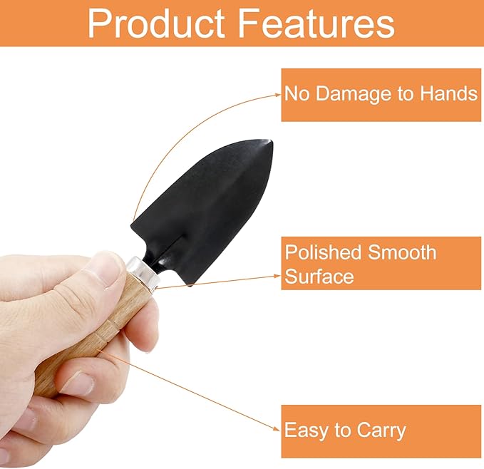 Waziaqoc 3Pcs Mini Garden Tools, Small Indoor Gardening Tools Includes Hand Shovel, Transplant Spade, Hand Rake with Wood Non Slip Handle for Plant Succulent, Flower, Vegetables