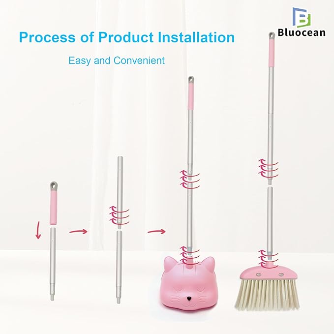 28'' Kids Mini Broom and Dustpan Set - Toddler Cleaning Toy, Toddler Household Helper, Parent-Child Interactive Play Cleaning Tool, Cute Cartoon Design, Small Safe Corner Broom (Pink)