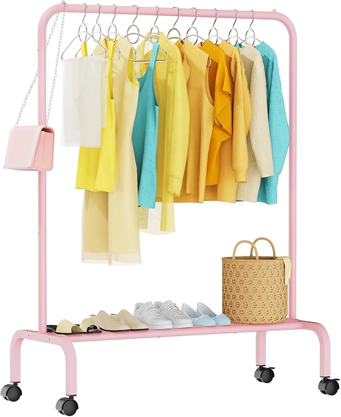 STARLATTA Rolling Clothing Racks for Hanging Clothes, Garment Rack for Clothes to Hang, Metal Portable Wardrobe Rack for Coats, Jackets, Shirts, Dress,Pink