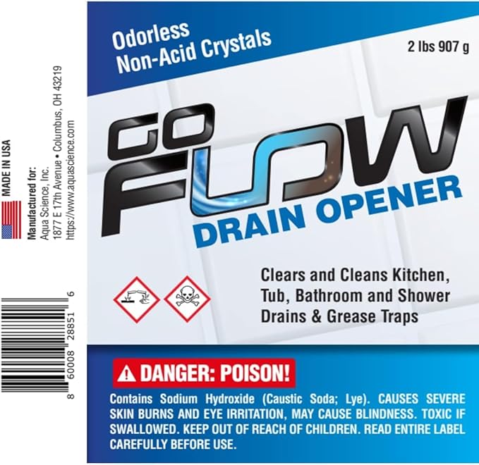 GoFlow Drain Cleaner Granules - 2 Pound Tub | Odorless Non-Acid Lye Crystal Cleaners That Work - Best Stinky Pipe Opener | Battle-Tested Drain Clear Granules - Made In USA