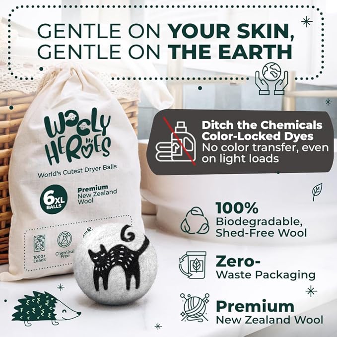 No More Dryer Sheets! XL Wool Dryer Balls 6-Pack, Reusable Laundry Softener & Static Reducer, Eco-Friendly, Long-Lasting, Safe for Sensitive Skin
