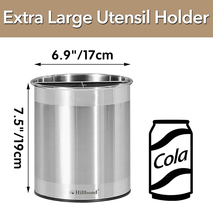 Hillbond 7.5x6.9 Inch EXTRA LARGE Utensil Holder for Countertop, Stainless Steel Rotating Organizer with Removable Divider, Space-Saving for Large Kitchen Utensils Set & Spacious Kitchens