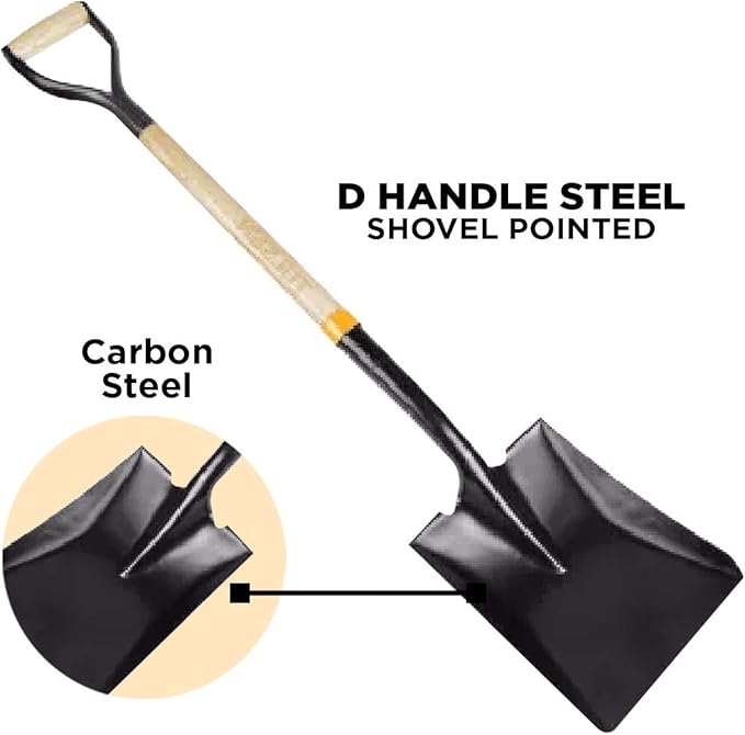 Garden Shovels for Digging, Spade Shovel, Garden Shovel for Planting, D Grip Steel Shovel, Flat Shovel Wooden Handle, Carbon Steel, Square Shovel, Head is 9.25″ Wide x 11.5 deep, Overall Length 42''
