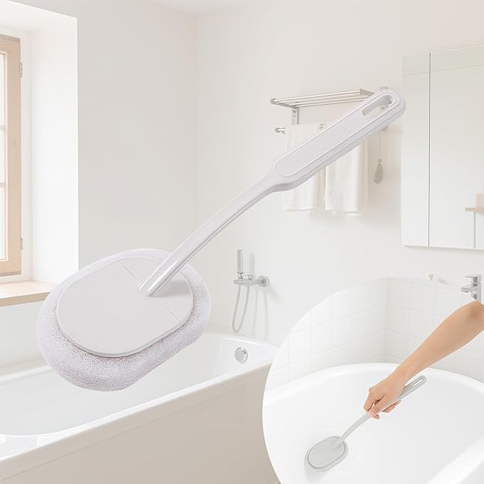 Long Handle Sponge Scrub Bathroom Brush, Sponge Cleaning Brush with Handle Large Wall Scrubber Shower Long Handles Brush for Tableware, Kitchen, Toilet, Bathroom Cleaning Tools Accessories White