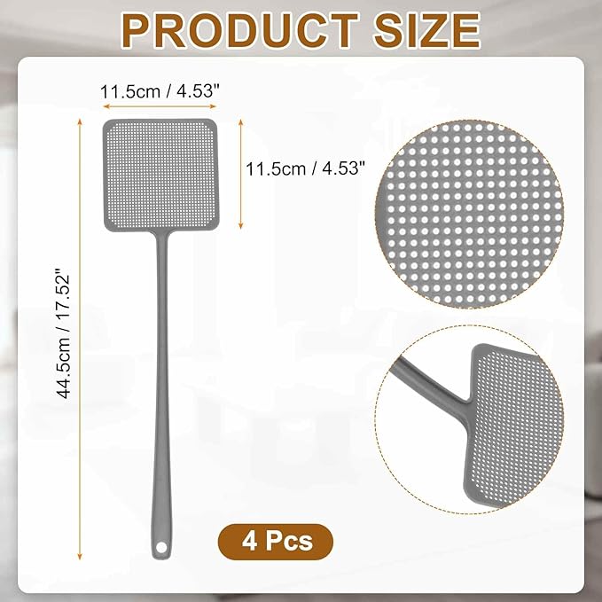 HARFINGTON 4pcs Fly Swatter 4.5"x4.5" Plastic Manual Heavy Duty Long Handle Fly Swatter for Home Indoor Outdoor, Silver