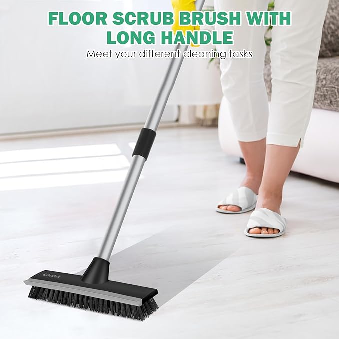SetSail Floor Scrub Brush with 51-Inch Long Adjustable Handle 2 in 1 Scrape Brush Stiff Bristle Floor Scrubber for Cleaning Shower Bathroom Garage Kitchen Wall Deck Tub Tile, Black