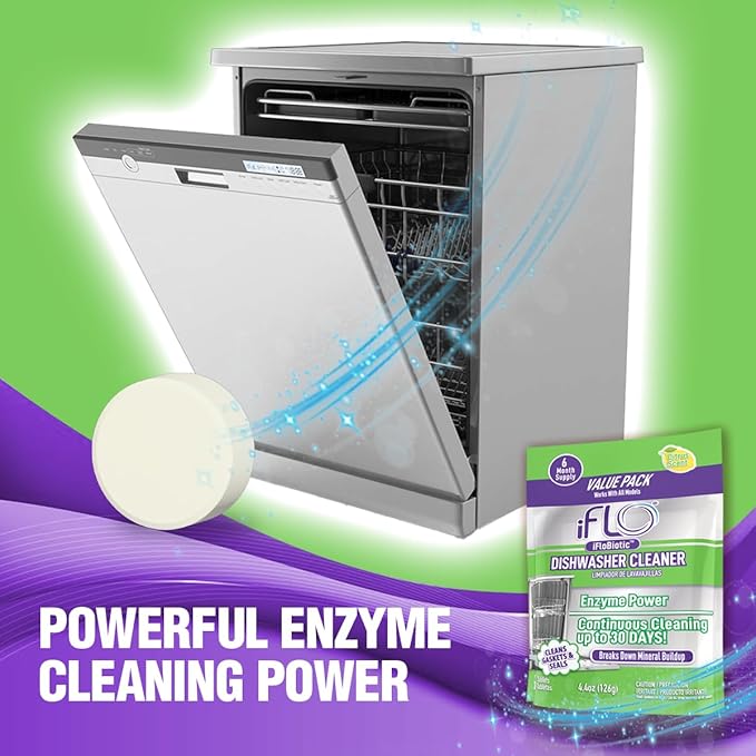 iFLO Dishwasher Cleaner Tablets with iFLObiotic – Deep Cleaning Dishwasher and Deodorizer Tablets to Eliminate Dish Washer Odor, Remove Residue & Freshen Dish Washer Machine Cleaner, 6 Pack