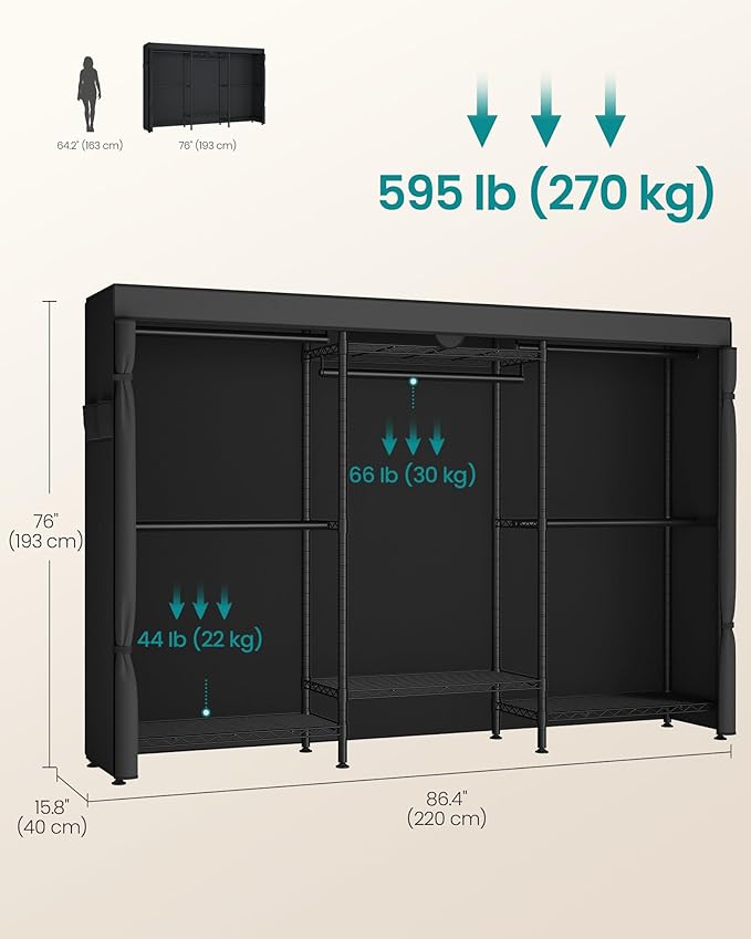 SONGMICS Heavy-Duty Rolling Clothes Rack, Garment Rack, Portable Closet on Wheels, with Adjustable Mesh Shelves and Hanging Rails, Fabric Cover, 15.8 x 86.4 x 76 Inches, Ink Black ULGR437BH01