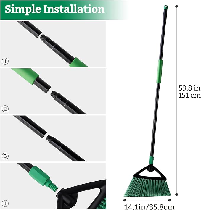 Eyliden Broom, Angle Broom with 57" Long Handle, PET Bristles - Fit Heavy-Duty Cleaning, Also Works Well Fine Dust - Commercial Outdoor Indoor Sweeper for Courtyard Sidewalk Deck Kitchen Lobby, Green