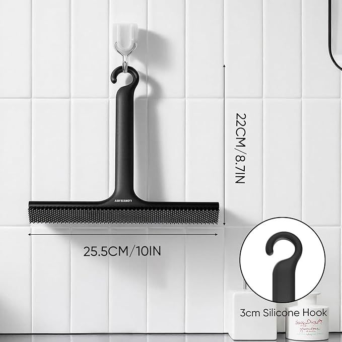 Shower Squeegee for Shower Glass Door Bathroom Accessories, Dual Head Wiper Cleans Water & Hair, Silicone Blade, Non-Slip Long Handle, Glass Window Door Wall Tile Cleaner